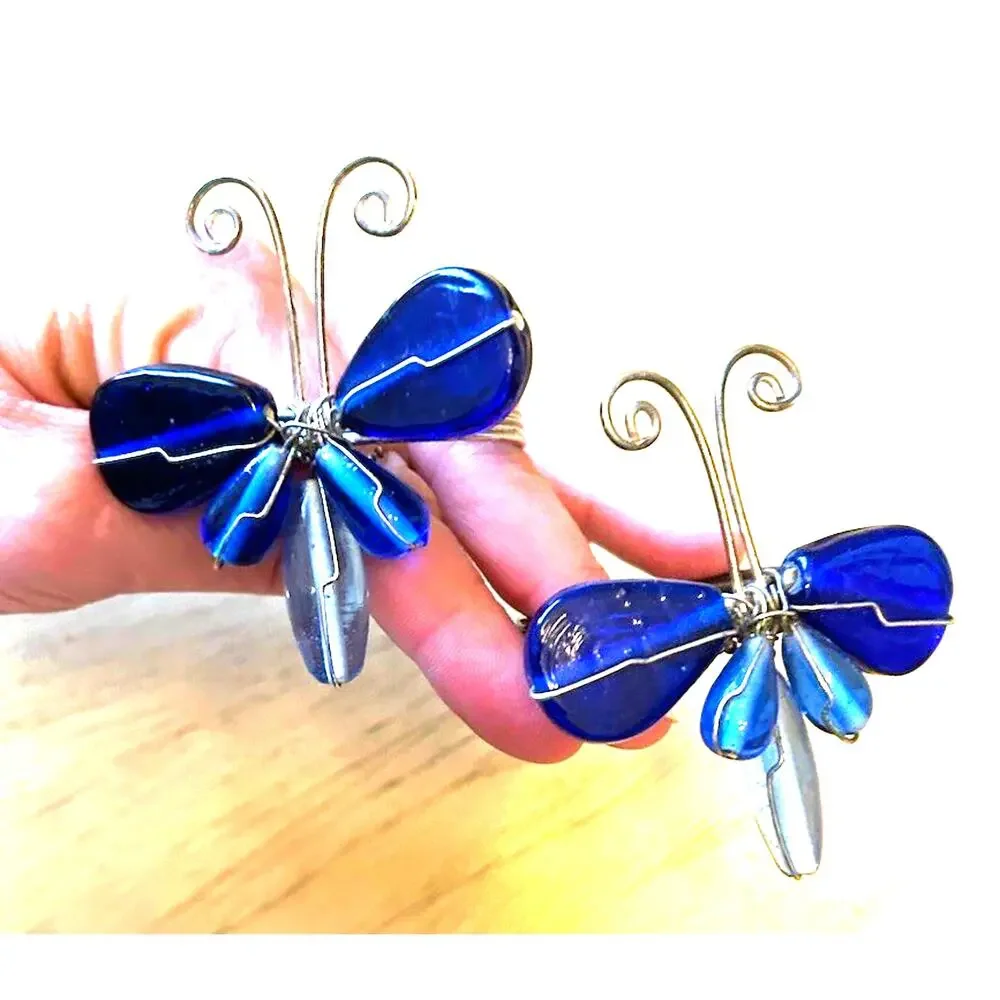 2 Vintage Butterfly Napkin Rings Blue Glass Gems Dragonfly Artsy Boho Pier 1?